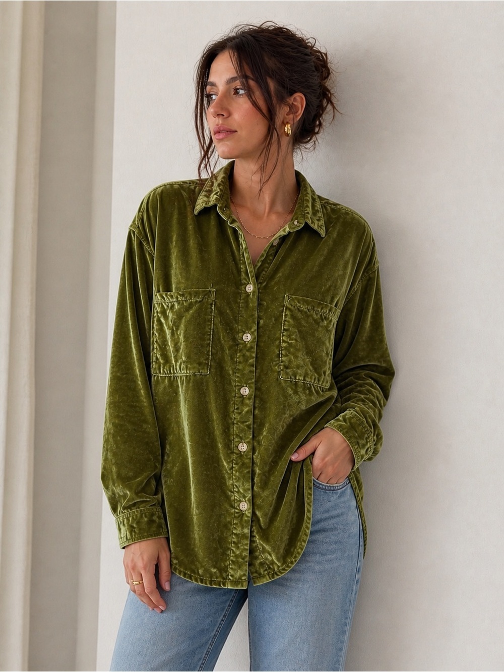 Pilcro Olive Velvet Button-Front Shirt